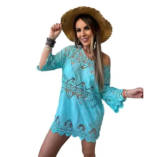 Bata Indiana Primavera Verão Feminina - Saída de Praia Boho - Azul-celeste