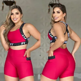 Roupa Fitness Conjunto Feminino Shorts + Top com Bolso