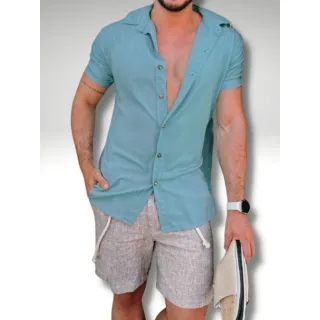 Havaiana Azul Camisa Masculina Manga Curta Lisa - Azul