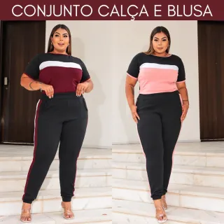Moda Blogueira Plus Vest: Conjunto Calça Jogger e Blusa Manga Curta Plus Size (44 ao 52) - Vinho