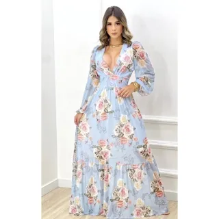 Vestido Tule Manga Longa  Feminino Festa Casamento - Fundo Azul escuro