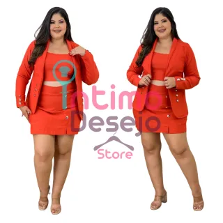 Plus Size Conjunto Cropped Blazer Saia e Short - Vinho