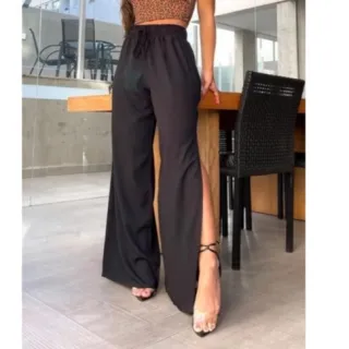 Moda Blogueira: Calça Pantalona Forrada Feminina com Fenda Lateral e Cordão - Tendência Cintura Alta - Preto