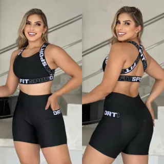 Roupa Fitness Conjunto Feminino Shorts + Top com Bolso - Preto