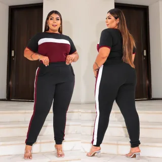 Moda Blogueira Plus Vest: Conjunto Calça Jogger e Blusa Manga Curta Plus Size (44 ao 52) - Vinho