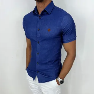 Camisas sociais masculinas slim manga curta em jeans - Kit com duas unidades - 1 Jeans Claro+ 1 Preto Azulado