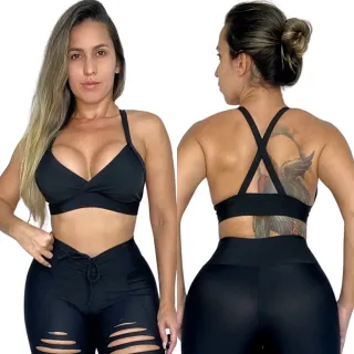 Legging Preta Rasgada + Top Fitness Cós Alto - Conjunto Academia - P