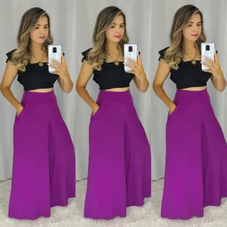 Pantalona Feminina em viscolinho P/M/G - vinho-sem cinto