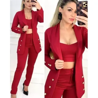 Conjunto Maxi Blazer Feminino Cropped Calça Jaqueta - Vermelho