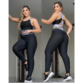 Roupa Fitness Conjunto Calça Legging e Top Dry Fit Feminino - Preto