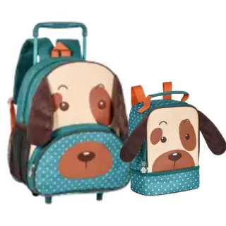 Lançamento Kit Escolar Infantil Clio Pets: Mochila de Rodinhas e Lancheira Animais - Cachorro Marrom