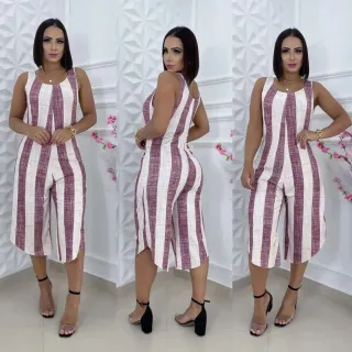 Moda feminina macacão regata pantacourt larguinho saruel - LISTRADO C /VERDE