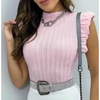 Blusinha Feminina Tricot Modal Canelado com Babado - Gola Alta - Azul Claro Com Babado