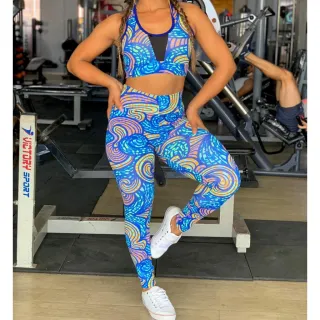 Conjunto de treino feminino suplex calça legging e top cropped telinha - Estampa variada