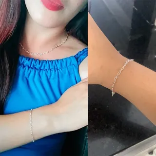 Corrente Feminina Prata 925 Conjunto Colar e Pulseira Coração - Fúcsia