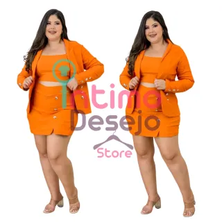Plus Size Conjunto Cropped Blazer Saia e Short - Vinho