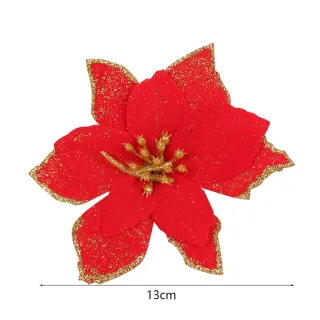 Decorações de Natal Glitter Flores Artificiais Falsas - Enfeites para Árvore Feliz - red gold_14cm