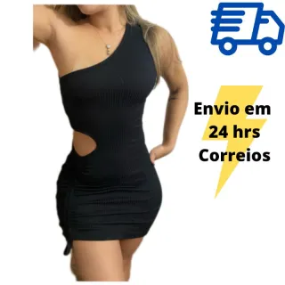 Moda Feminina - Vestido Curto Drapeado Colado Canelado Aberto na Cintura - Vestido(03) argola preto 34/36