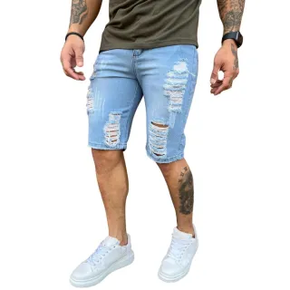 Desfiada Rasgada Bermuda Jeans Masculina - Berm azul rasgada clara