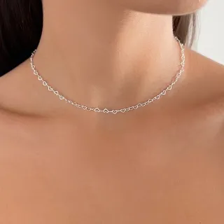 Corrente Feminina Prata 925 Conjunto Colar e Pulseira Coração - Fúcsia