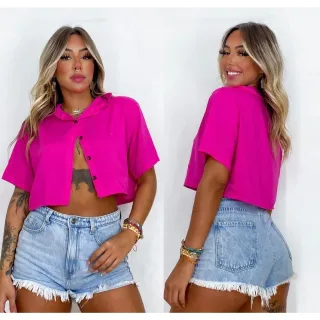 Cropped Feminino Blusa Social Botões Duna Verão 2023 - Preto