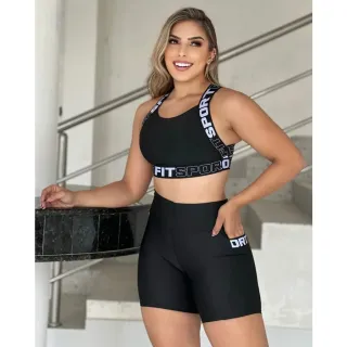 Roupa Fitness Conjunto Feminino Shorts + Top com Bolso - Preto