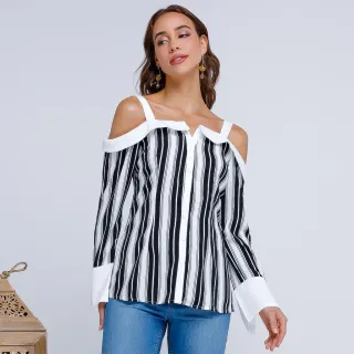 Blusa Listrada Manga Longa com Botões Frontais VV 12757 - Bordô/Branco
