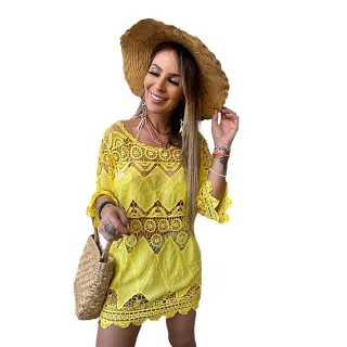 Bata Indiana Primavera Verão Feminina - Saída de Praia Boho - Azul-celeste