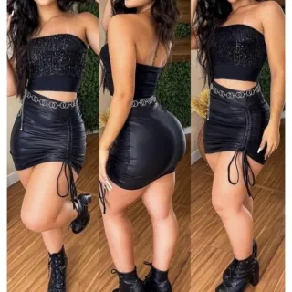 Moda Tendência Saia Feminina Couro Fake Franzida Tecido Cirre - Preto