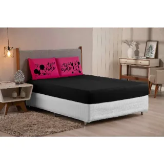 Mickey Minnie Eu te amo - Jogo de lençol King/Queen 3 peças estampado com elástico - Salmão preto