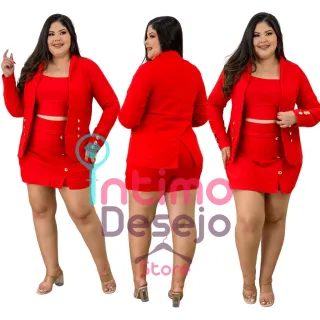 Plus Size Conjunto Cropped Blazer Saia e Short - Vinho
