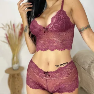 Conjunto Sexy Lingerie Feminino Renda Calcinha Shortinho + Sutiã Sem Bojo - SEM