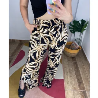 Pantalona Feminina Floral Preto Santorini - Fendas Laterais, Cintura Alta - GG