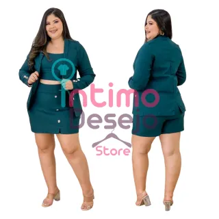 Plus Size Conjunto Cropped Blazer Saia e Short - Vinho