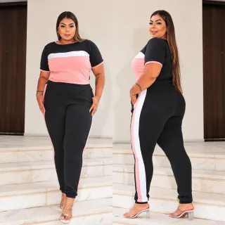 Moda Blogueira Plus Vest: Conjunto Calça Jogger e Blusa Manga Curta Plus Size (44 ao 52) - Vinho