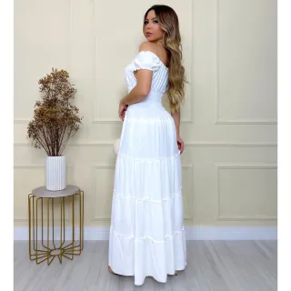 Vestido Longo Feminino com Estilo Ciganinha, Botões e Lastex na Cintura - Moda Verão - Azul Bebê