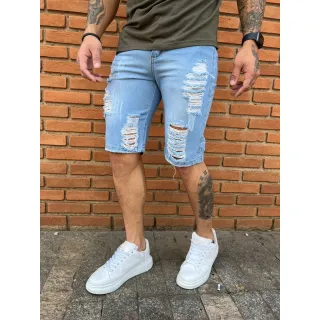 Desfiada Rasgada Bermuda Jeans Masculina - Berm azul rasgada clara