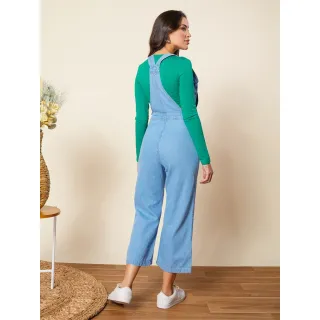 Jardineira Jeans Feminina Alça Regular Pantacourt com Botão Lateral - JEANS ESCURO