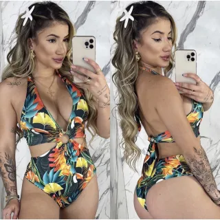 Conjunto de Body/Maiô e Páreo Saída de Praia para o Verão - IZA- Folhagem