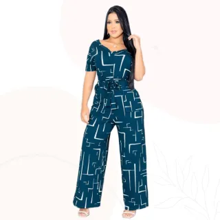 Riscas Flare Executivo Macacão Manga Curta Longo Feminino - Preto