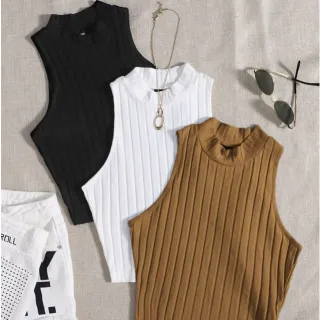 Verão Praia Cropped Gola Alta Canelado Sem Manga - Kit 3 - Preto-preto-preto