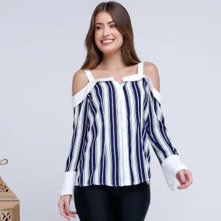 Blusa Listrada Manga Longa com Botões Frontais VV 12757 - Bordô/Branco