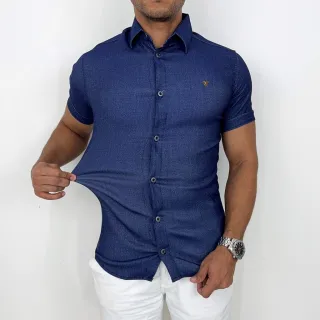 Camisas sociais masculinas slim manga curta em jeans - Kit com duas unidades - 1 Jeans Claro+ 1 Preto Azulado