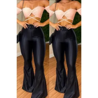 Moda Blogueira: Calça Feminina Flare Cintura Alta de Cirre com Boca de Sino e Cinto Removível - Preto