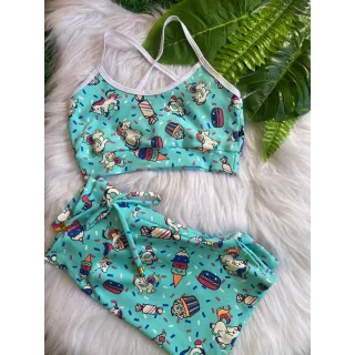 Short + Top para Academia - Conjunto perfeito para seus treinos - Rosa detalhes azul bebê