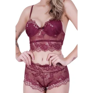 Lingerie Luxo Cropped Renda Bicolor Com Bojo - Conjunto Calesson 465 - Preto/Rosa