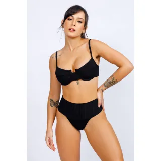 Biniquinis Feminino Cintura Alta - Biquíni Top Retro Calcinha Fio Duplo - Quadriculado Preto