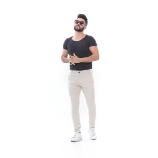 Calça Masculina Slim Fit Sarja, Bolso Faca, Cores Variadas - Areia