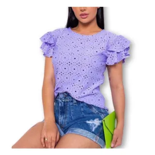 Blusa feminina laise manga dois babados gola rasa macia - G