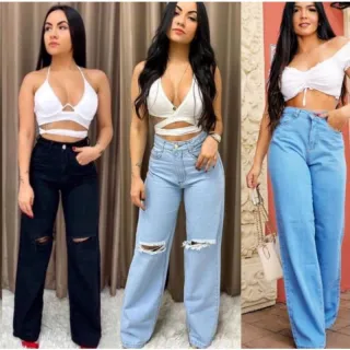 Calça Wide Leg Jeans Feminina Pantalona com Rasgo no Joelho - Calça lisa clara Premium